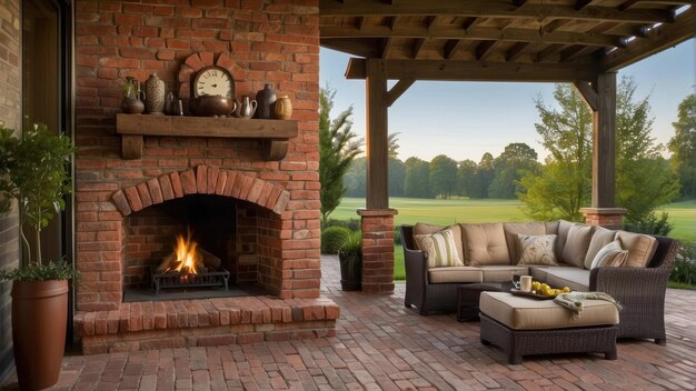 Elegante chimenea de ladrillo al aire libre en el patio