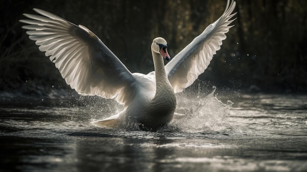 Un elegante cisne deslizándose por el agua con las alas abiertas Generado por IA