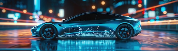 Un elegante coche eléctrico azul exhibido como un holograma futurista con iluminación dinámica