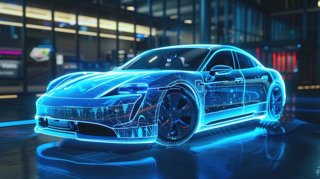 Un elegante coche eléctrico azul exhibido como un holograma futurista con iluminación dinámica