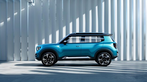 Foto el elegante coche eléctrico azul exhibido en un entorno moderno diseño contemporáneo avance automotriz concepto de vehículo ecológico ia