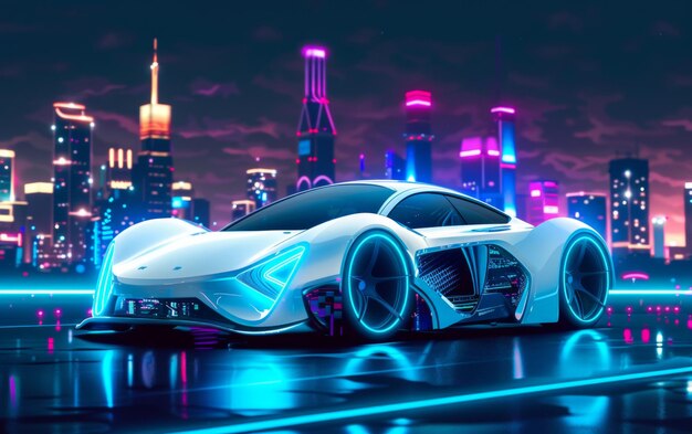 Un elegante coche futurista brilla bajo las luces de neón en un vibrante paisaje urbano cyberpunk que refleja vibraciones de alta tecnología y diseño urbano avanzado.