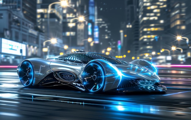 Un elegante coche futurista brilla bajo las luces de neón en un vibrante paisaje urbano cyberpunk que refleja vibraciones de alta tecnología y diseño urbano avanzado.