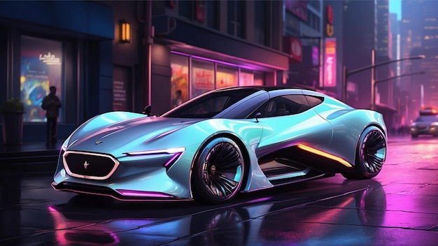 Un elegante coche futurista se desliza a través de un paisaje urbano iluminado por neón su diseño aerodinámico