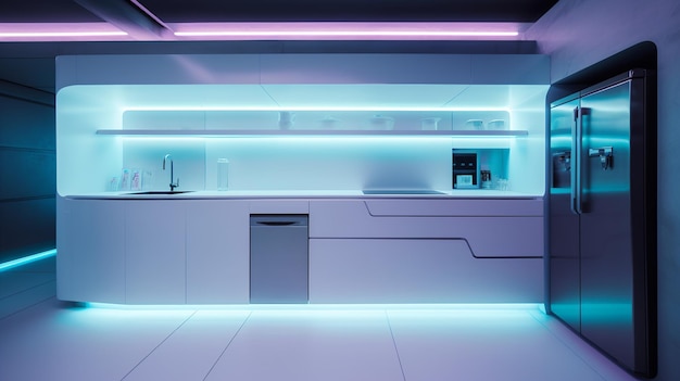 Elegante cocina futurista en color blanco pastel con acentos de luces LED de neón, encanto minimalista y vanguardia