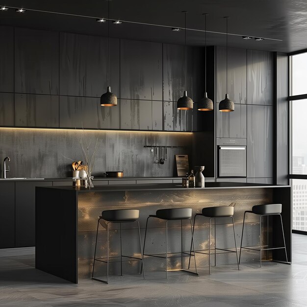 Elegante cocina negra contemporánea con isla