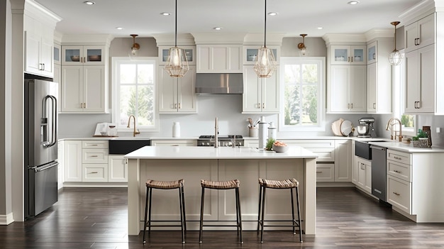 Foto elegante cocina de transición con gabinetes blancos y accesorios modernos