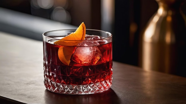 Elegante cóctel Negroni en un mostrador del bar con un ambiente cálido