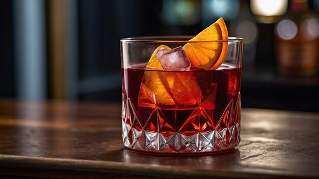 Elegante cóctel Negroni en un mostrador del bar con un ambiente cálido