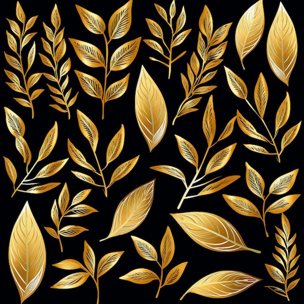 elegante colección de hojas doradas para su decoración sobre fondo negro oscuro