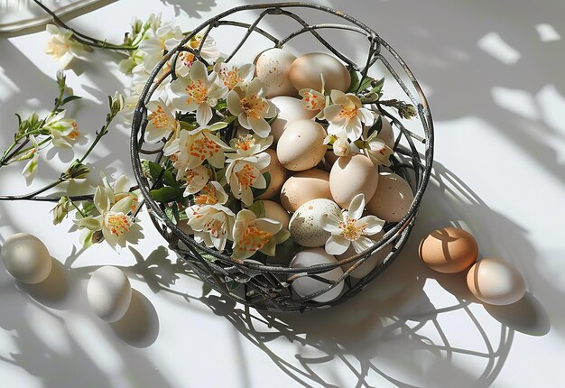 Elegante colección de huevos de Pascua en colores pastel y delicadas flores de primavera sobre un fondo blanco