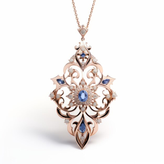 Foto elegante colgante de oro rosa con zafiros azules y diamantes