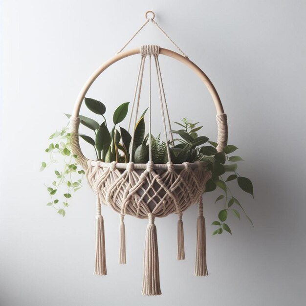 Elegante colgante de plantas de macrame con vegetación