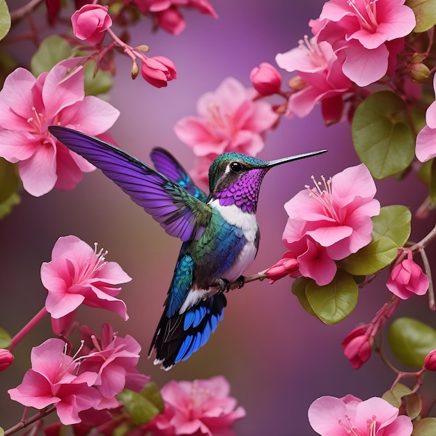 Elegante colibrí violeta entre las flores rosadas