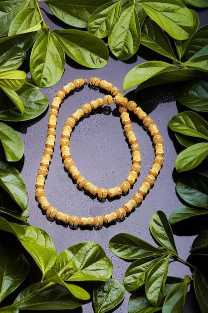 Foto elegante collar de cadena de oro con fondo de hojas