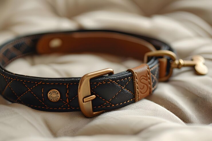 Elegante collar de perro de cuero con diseño acolchado y acentos de bronce