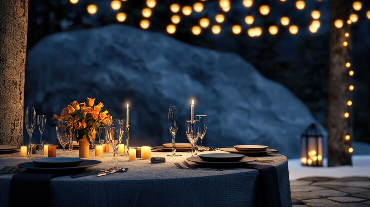 Elegante comedor al aire libre con flores y velas bajo luces de cuerda por la noche