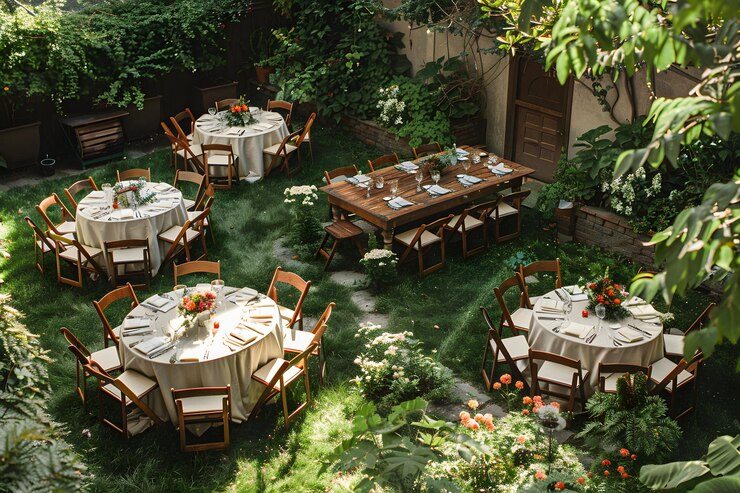 Elegante comedor al aire libre rodeado de exuberante vegetación