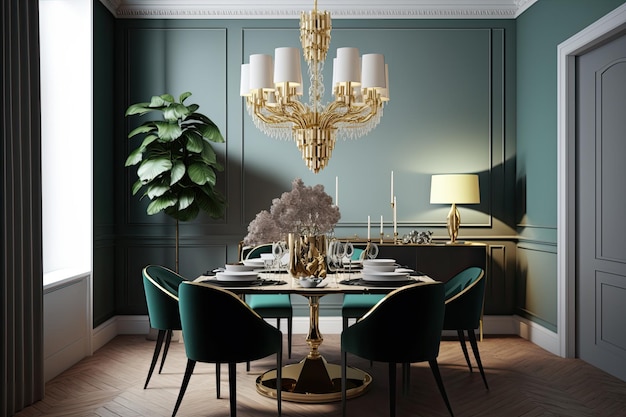 Elegante comedor con un candelabro de diseño y vistas panorámicas de la ciudad 3D Render 3D ilustración