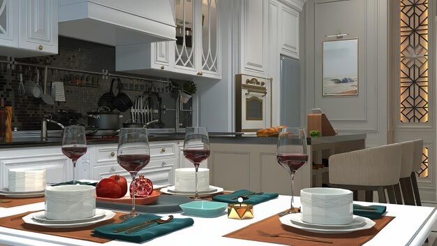 Elegante comedor en una cocina moderna con copas de vino
