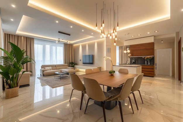 Elegante comedor contemporáneo en una casa de lujo con grandes ventanas que invitan a la luz natural