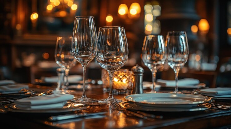 Un elegante comedor con copas de vino y un ambiente a la luz de las velas.