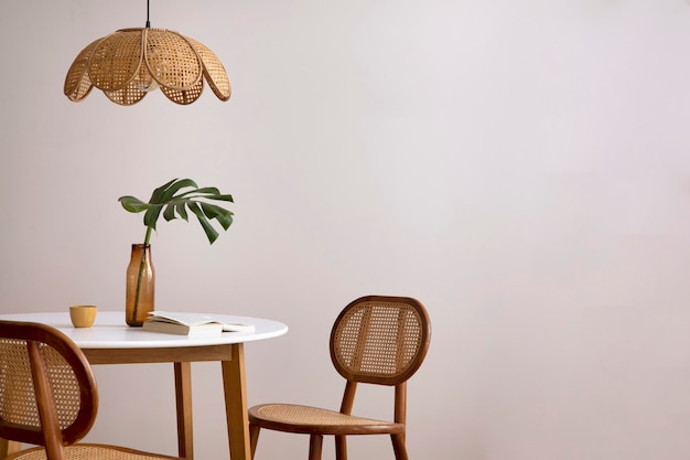 El elegante comedor con espacio para copias, mesa redonda, silla de mimbre, lámpara y accesorios de cocina Hoja en un jarrón Decoración para el hogar Plantilla