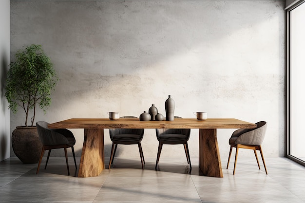 Elegante comedor con mesa de madera, sillas modernas, nueces, salero y pimentero, piso de concreto Whit