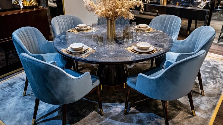 Elegante comedor mesa de mármol de lujo sillas de terciopelo azul decoración moderna