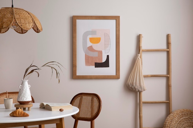 El elegante comedor con mesa redonda, silla de mimbre, cómoda de madera, póster y accesorios de cocina, Pared beige con póster simulado, Decoración del hogar Plantillas