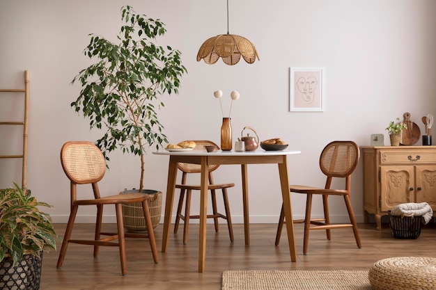 El elegante comedor con mesa redonda, silla de ratán, póster de madera con inodoro y accesorios de cocina, Pared beige con póster simulado, Decoración del hogar Plantillas