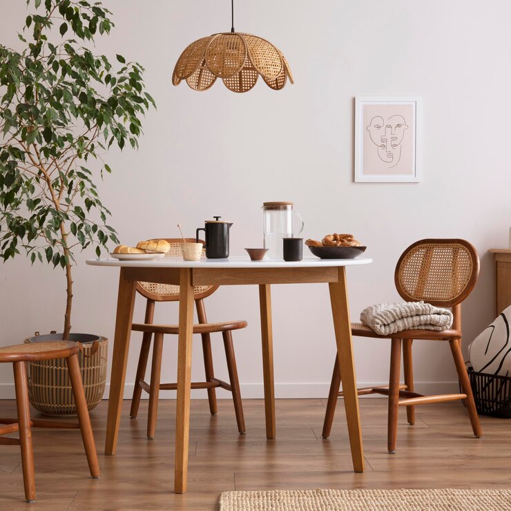 El elegante comedor con mesa redonda, silla de ratán, póster de madera con inodoro y accesorios de cocina, Pared beige con póster simulado, Decoración del hogar Plantillas