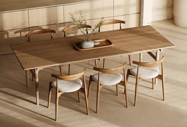 elegante comedor moderno con mesa de madera y sillas de diseño