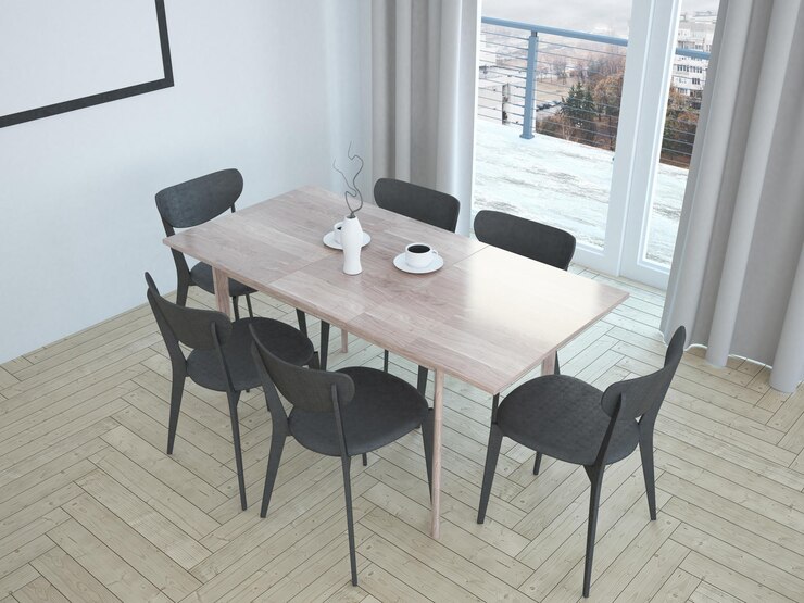 Foto elegante comedor moderno con sillas negras y mesa de madera.
