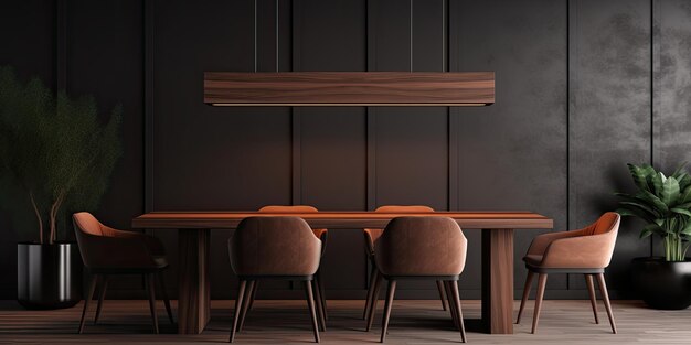 de un elegante comedor oscuro con muebles de madera