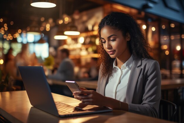 Foto un elegante comerciante femenino utiliza 5g inalámbrico para confirmar las órdenes de compra en un