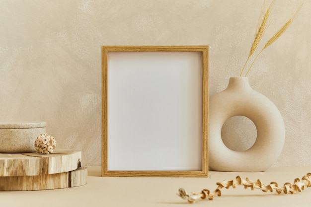 Elegante composición de acogedor diseño interior minimalista con marco de póster simulado, materiales naturales como madera y mármol, plantas secas y accesorios personales. Colores beige neutros, plantilla.