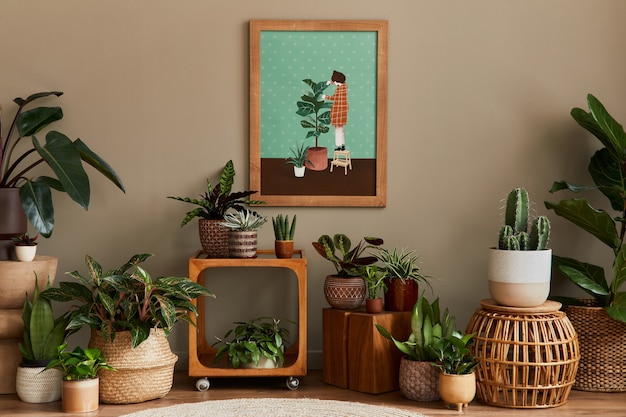 Elegante composición de botánica del interior del jardín de la casa con marco de póster de maqueta de madera, lleno de hermosas plantas de interior, cactus, suculentas en macetas de diferentes diseños y accesorios florales