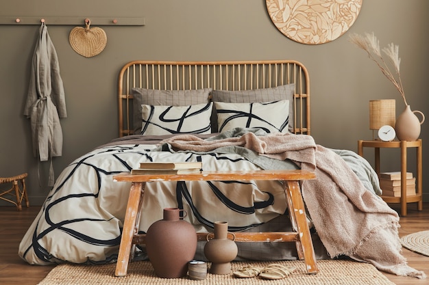 Elegante composición de interior de dormitorio con cama de madera, muebles, flores secas en jarrón, decoración de ratán, jarrones y accesorios elegantes. Hermosas sábanas, mantas y almohadas. Decoración hogareña acogedora.