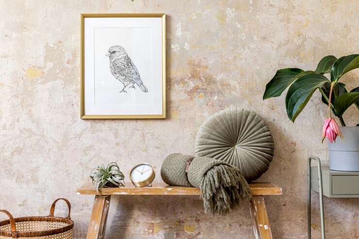 Foto elegante composición del interior de la sala de estar con marco dorado, banco de madera, almohada, plantas, planta de aire, reloj, pared grunge y elegantes accesorios personales en la decoración del hogar moderno.