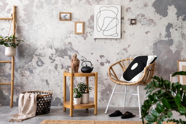 La elegante composición del interior de la sala de estar con una silla simulada, una mesa de centro de madera con accesorios personales, un póster simulado, una plantilla de decoración para el hogar