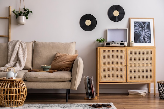 La elegante composición del interior de la sala de estar con un sofá beige, una almohada a cuadros, una mesa de centro, una cómoda de ratán y accesorios personales, una pared beige, un póster simulado Plantillas