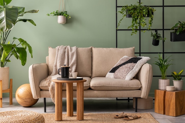 La elegante composición en el interior de la sala de estar con sofá beige de diseño, mesa de café de madera, plantas y elegantes accesorios personales. Almohada marrón y cuadros. Acogedor apartamento. Decoración del hogar.