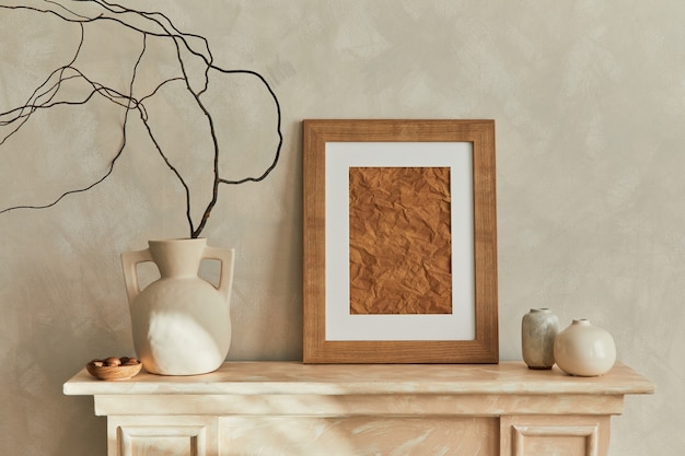 Elegante composición minimalista del interior de la sala de estar con marco de póster de madera, jarrones elegantes de diseño y accesorios personales. Colores neutros. Plantilla.