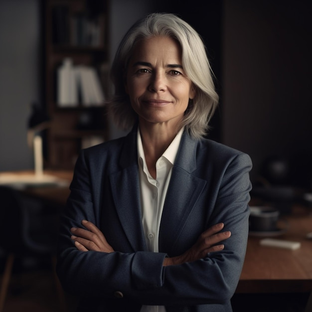 Elegante concepto de líder de equipo de retrato de empresaria caucásica de pelo gris creado con tecnología de IA generativa