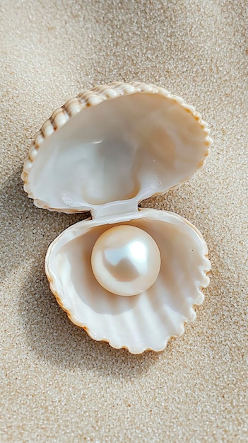 Una elegante concha de mar abierta revela una perla reluciente en la playa de arena