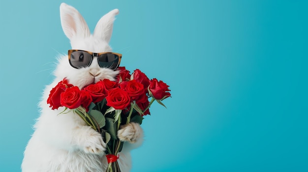 Un elegante conejo blanco con gafas de sol sostiene un ramo de rosas rojas vibrantes contra