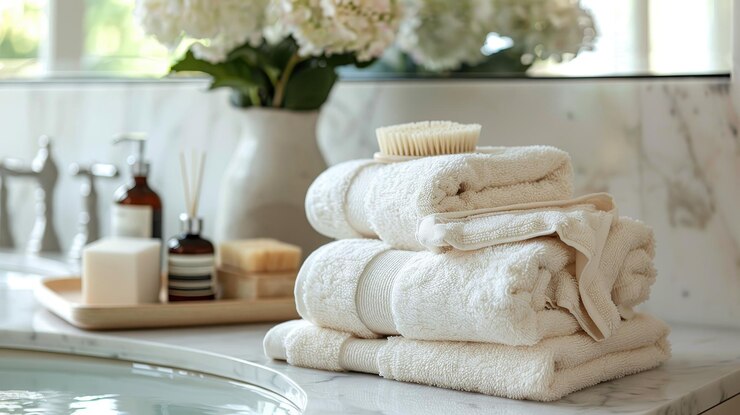 Elegante configuración del baño con toallas de peluche accesorios de baño y flores frescas para un ambiente relajante