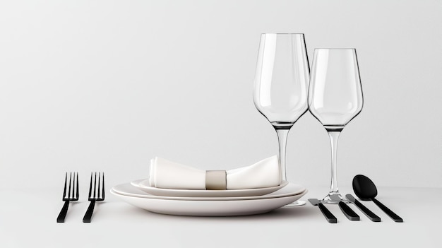 Elegante configuración de comedor con vasos de vajilla y cubiertos en una mesa minimalista Perfecto para mostrar temas de la cena