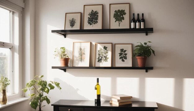 elegante configuración de estantes con marcos una botella de vino y plantas expuestas en